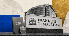 Greyscale Franklin Templeton office sign beside a 250 Digital folder and BENJI token on blue, gold and stone editorial panels.