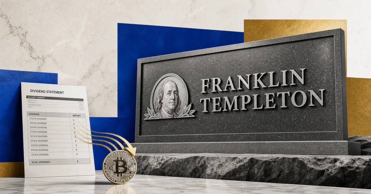 Greyscale Franklin Templeton office sign beside a Bitcoin coin and dividend statement on blue and gold editorial panels.