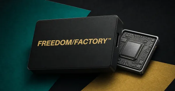 Freedom Factory’s official gold wordmark on a large dark hardware-wallet face beside a greyscale secure-chip device, set against teal and black editorial panels