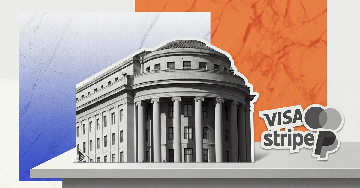 FTC building with Visa, Stripe, Mastercard, and PayPal logos, representing payment regulation and major fintech influence on digital payments.