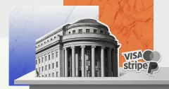 FTC building with Visa, Stripe, Mastercard, and PayPal logos, representing payment regulation and major fintech influence on digital payments.
