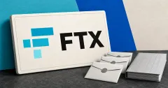 Official FTX logo on a prominent payout ledger plaque beside payment envelopes and a claims ledger, representing the creditor distribution.