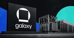 Large official white Galaxy logo on a dark editorial plaque beside a greyscale power substation and unbranded AI data-center server hall, with blue and cyan panels.