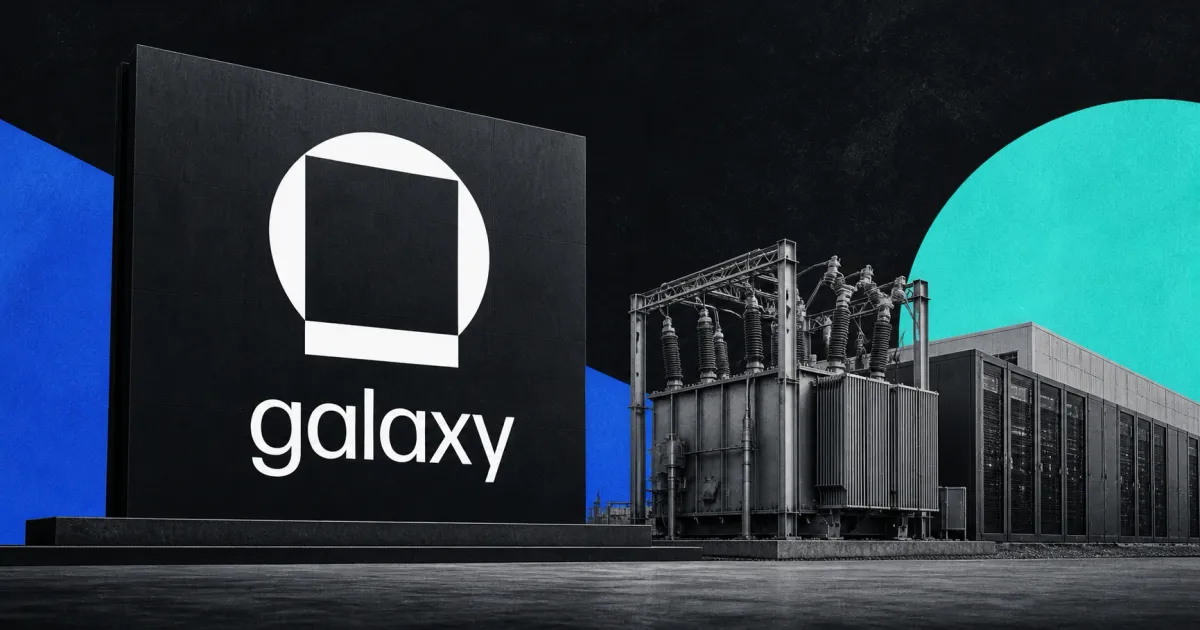 Large official white Galaxy logo on a dark editorial plaque beside a greyscale power substation and unbranded AI data-center server hall, with blue and cyan panels.