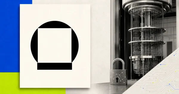 Official black Galaxy logo beside a greyscale quantum computer and unbranded security padlock on cobalt blue, lime and off-white editorial panels