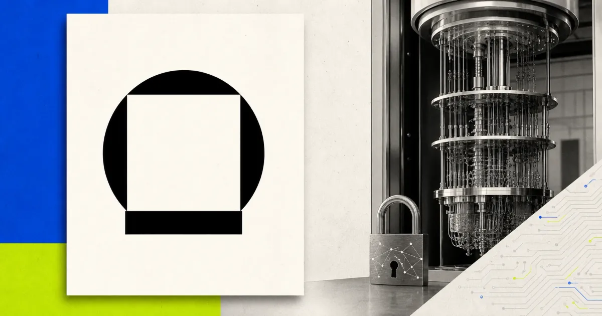 Official black Galaxy logo beside a greyscale quantum computer and unbranded security padlock on cobalt blue, lime and off-white editorial panels
