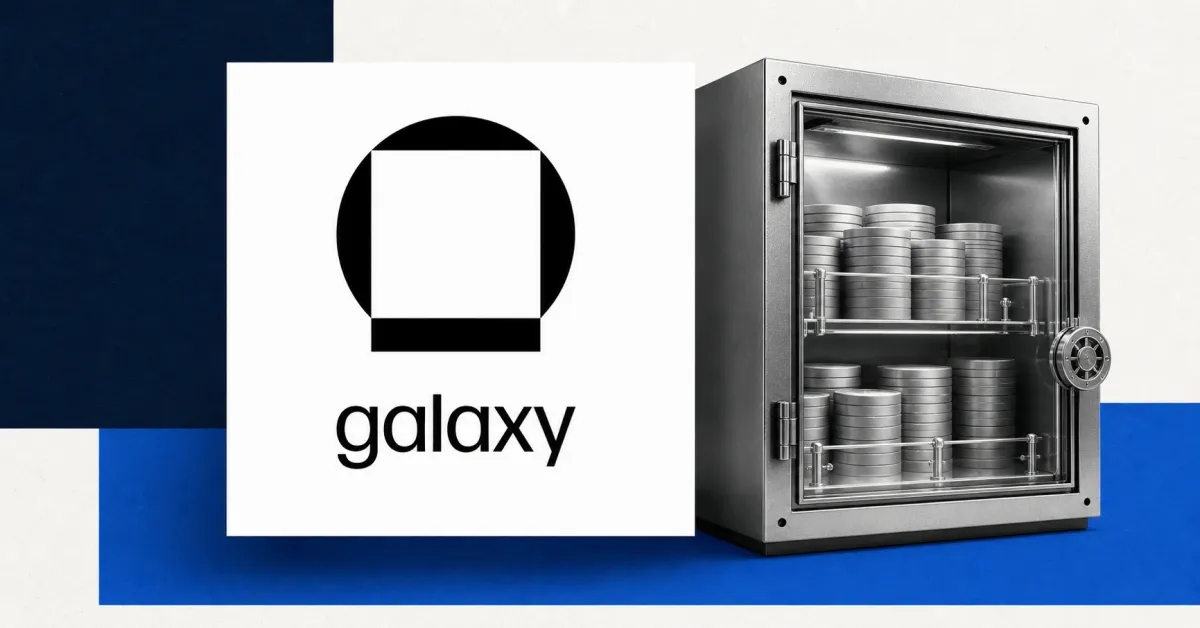 Large official black Galaxy logo plaque beside a grayscale secure institutional stablecoin vault on off-white, navy and cobalt editorial panels.