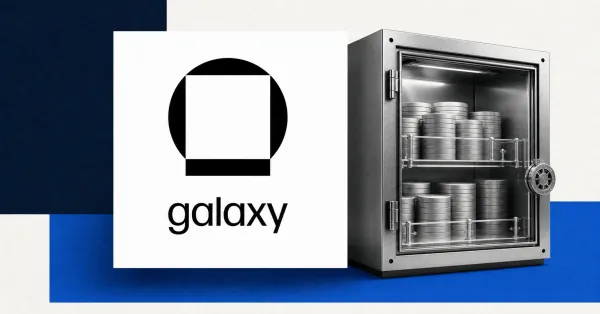 Large official black Galaxy logo plaque beside a grayscale secure institutional stablecoin vault on off-white, navy and cobalt editorial panels.