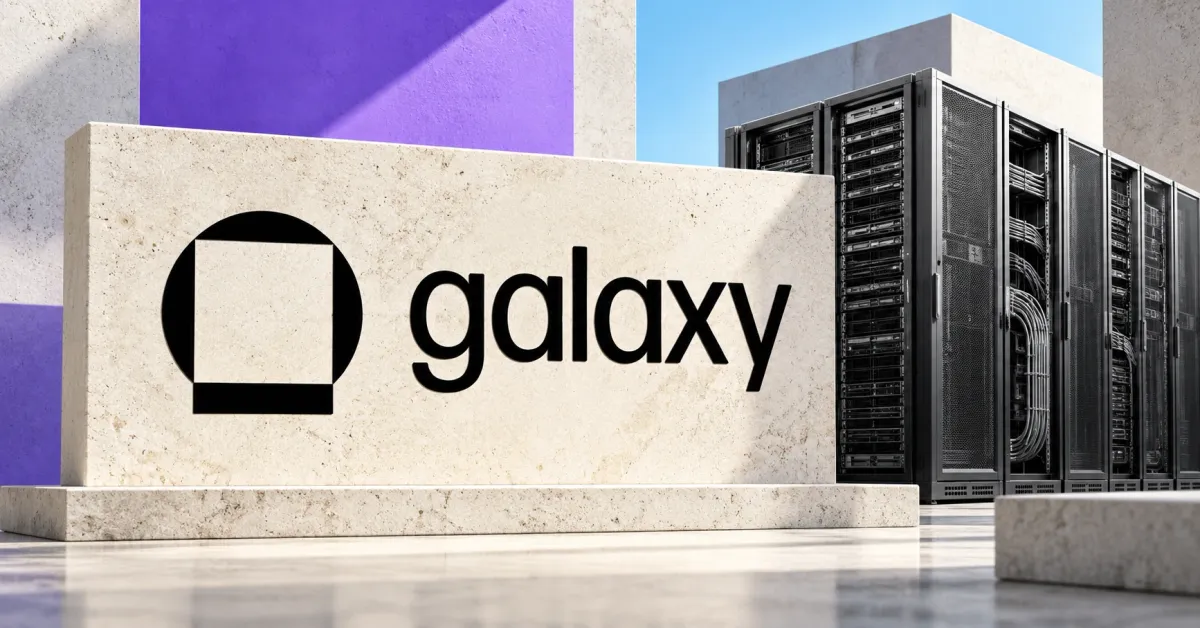 Large official black Galaxy emblem and lowercase wordmark on an ivory stone sign beside smaller unbranded greyscale server cabinets, against violet and pale blue architectural panels.