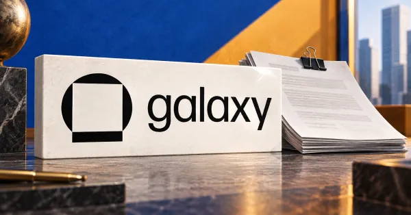 Large official black Galaxy emblem and wordmark on a white stone sign beside an unbranded greyscale bundle of lending documents, against blue and amber editorial panels.