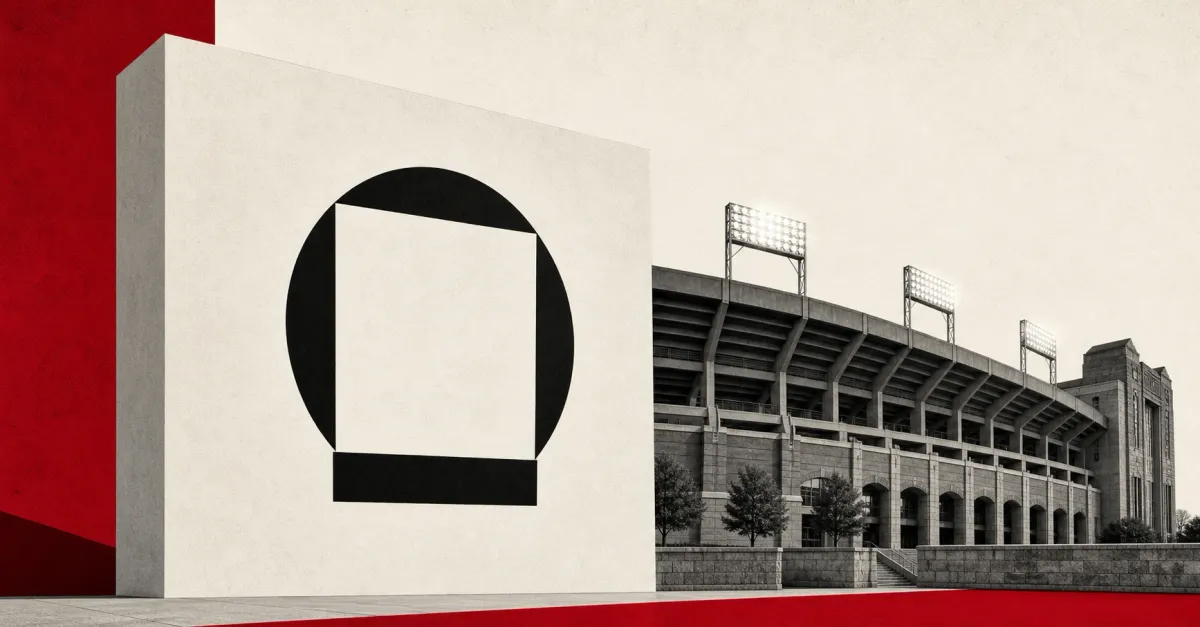 Large official black Galaxy logo mark on an off-white stadium sign beside a greyscale college-football stadium facade and lights, over red and off-white editorial panels.