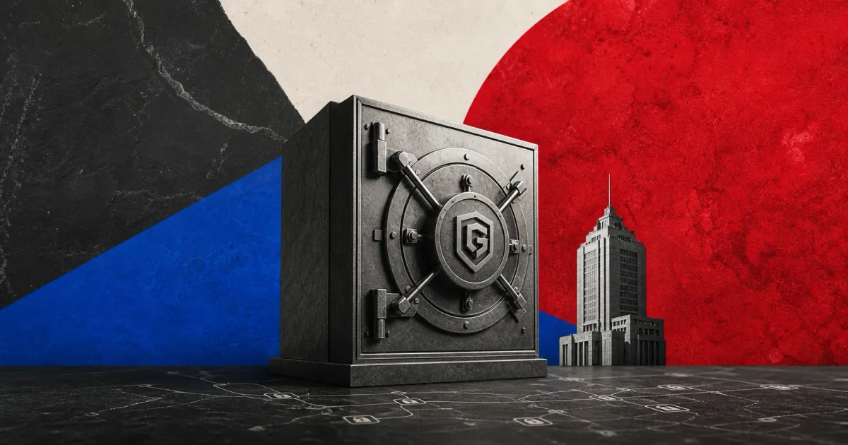 Greyscale institutional vault with a geometric shield and Japanese financial tower on cobalt blue, red, charcoal and off-white editorial panels.
