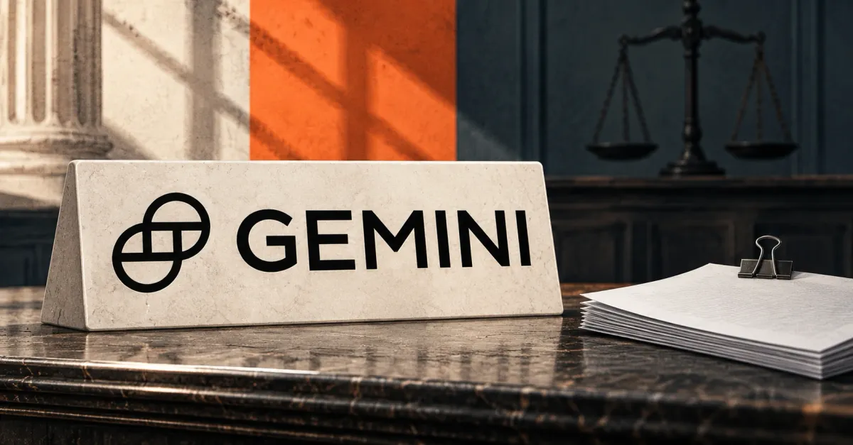 Large official black Gemini symbol and GEMINI wordmark on an off-white limestone desk sign beside smaller unbranded greyscale court papers with a steel binder clip, with orange and charcoal panels and blurred courtroom scales behind.