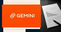 Large official white Gemini logo and wordmark on an orange panel beside a greyscale unbranded quarterly earnings document with a falling chart and fountain pen.