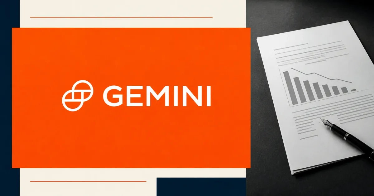 Large official white Gemini logo and wordmark on an orange panel beside a greyscale unbranded quarterly earnings document with a falling chart and fountain pen.