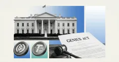 White House backdrop with the GENIUS Act document and gavel beside USDC and Tether icons, illustrating U.S. stablecoin regulation impact