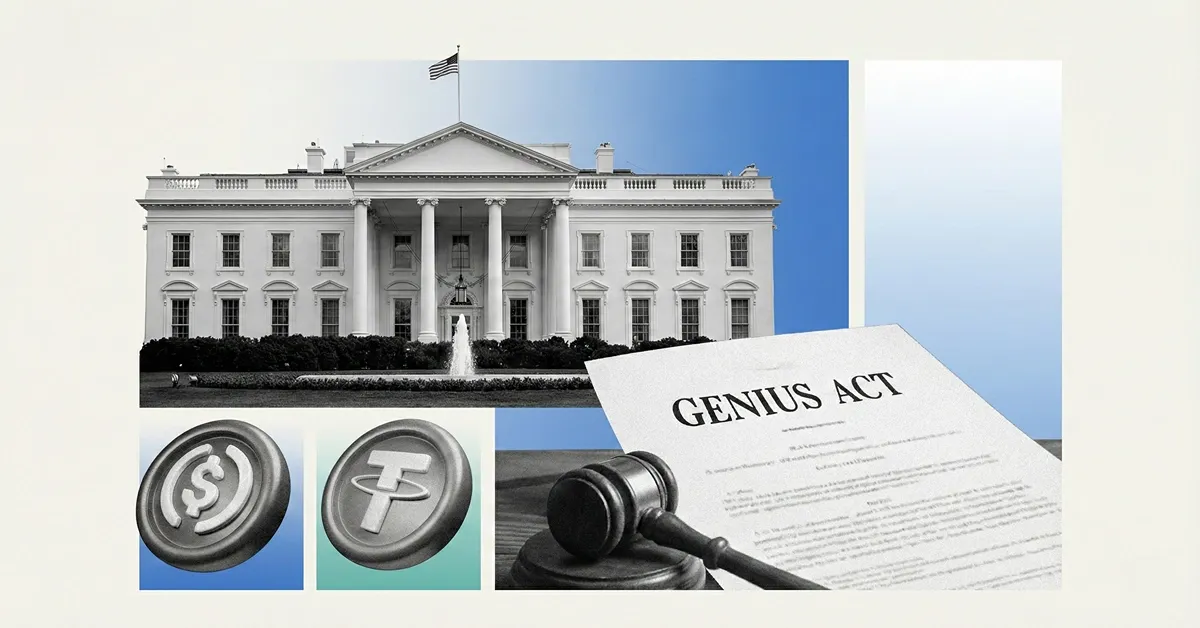 White House backdrop with the GENIUS Act document and gavel beside USDC and Tether icons, illustrating U.S. stablecoin regulation impact