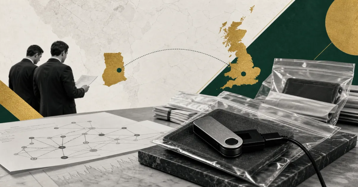 Greyscale crypto evidence desk with a hardware wallet, blockchain tracing papers and Ghana to UK map connection on green and gold editorial panels