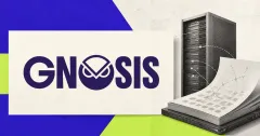 Large official purple Gnosis owl wordmark on a cream placard beside a greyscale validator-server rack transitioning toward an unbranded Ethereum settlement ledger on purple and neon-lime editorial panels.