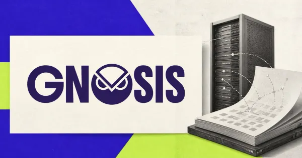 Large official purple Gnosis owl wordmark on a cream placard beside a greyscale validator-server rack transitioning toward an unbranded Ethereum settlement ledger on purple and neon-lime editorial panels.