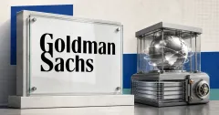Large official Goldman Sachs wordmark beside a greyscale global payment-settlement machine and transparent reserve vault on blue, teal and off-white editorial panels