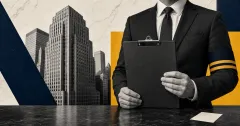 Greyscale Wall Street tower and compliance officer holding a blank clipboard on navy, amber and off-white editorial panels.