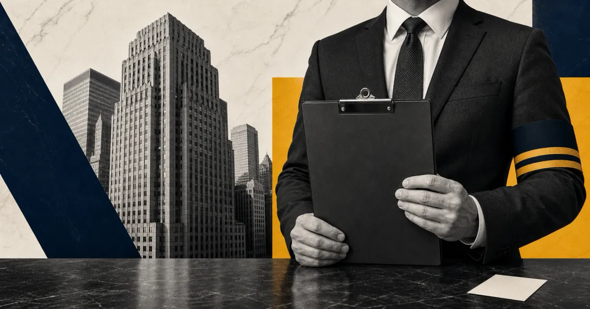 Greyscale Wall Street tower and compliance officer holding a blank clipboard on navy, amber and off-white editorial panels.