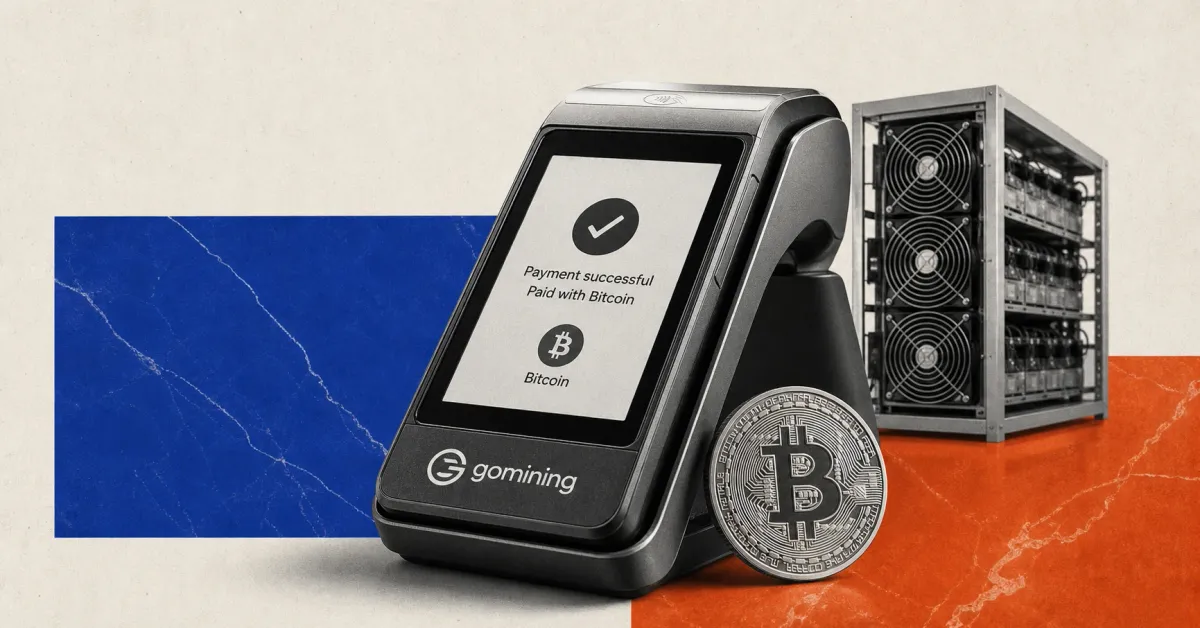 Greyscale GoMining Bitcoin payment terminal and mining server rack on blue and orange editorial panels.