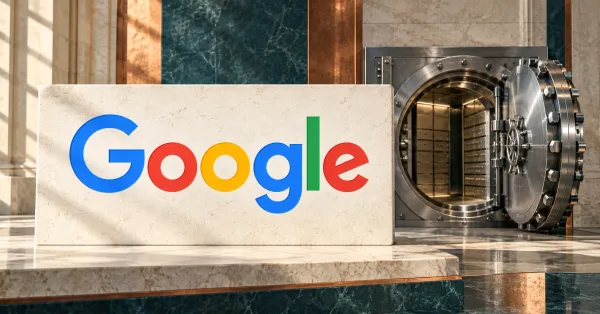 Large official full-color Google wordmark on a white limestone sign beside a smaller unbranded greyscale open bank vault, with teal and copper stone panels behind.