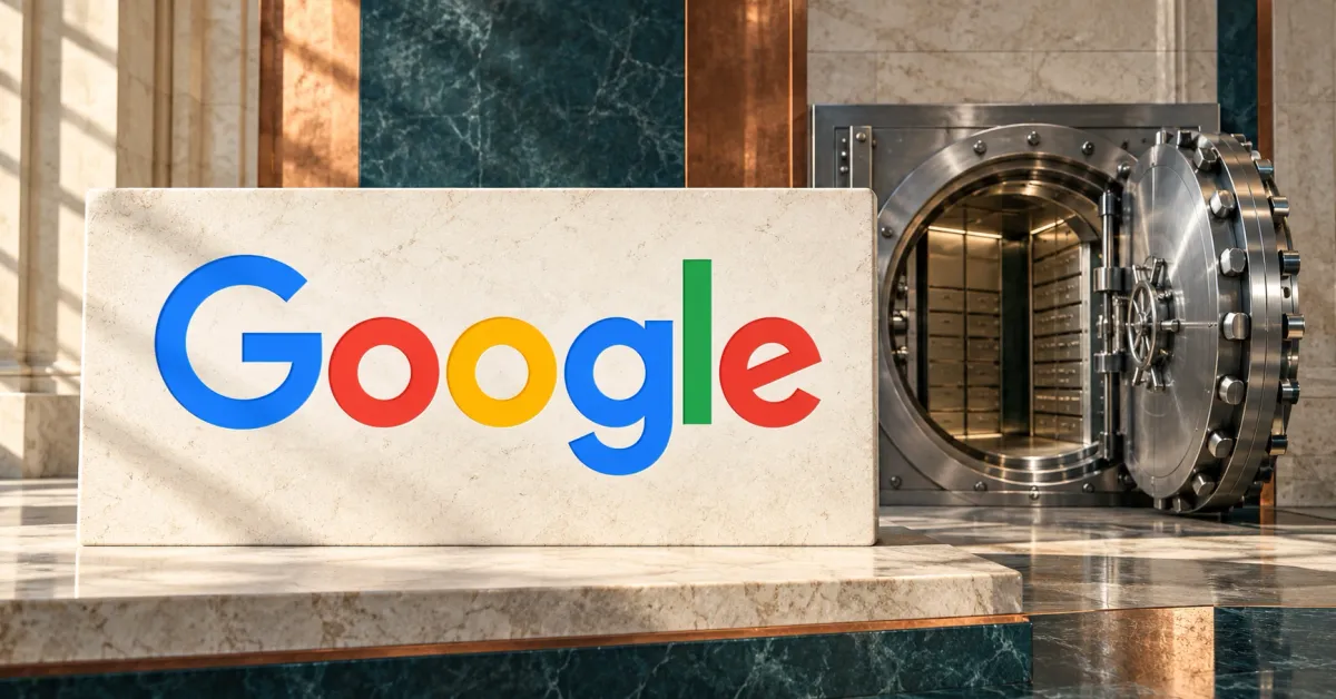 Large official full-color Google wordmark on a white limestone sign beside a smaller unbranded greyscale open bank vault, with teal and copper stone panels behind.