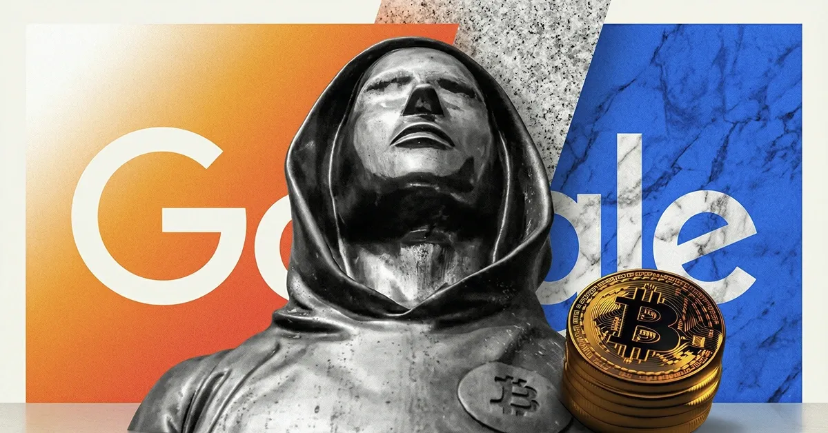 Anonymous Bitcoin statue with Google logo background, representing crypto quantum risk.