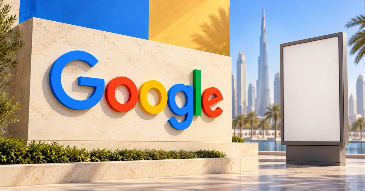 Large official multicolor Google wordmark on an off-white limestone sign beside a smaller unbranded greyscale blank advertising billboard, with a faint Dubai skyline and blue and ochre panels.