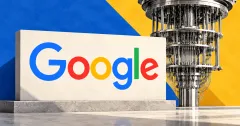 Large official multicolor Google wordmark on an ivory laboratory sign beside an unbranded greyscale quantum-computer cryostat, against cobalt blue and yellow editorial panels.