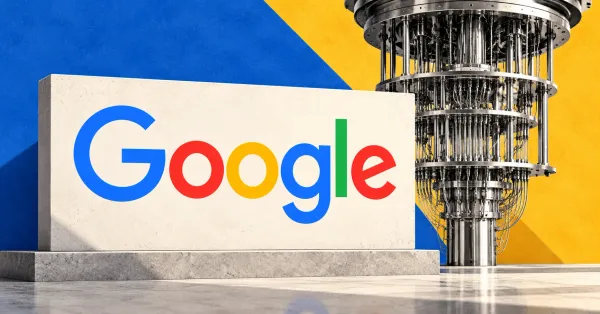 Large official multicolor Google wordmark on an ivory laboratory sign beside an unbranded greyscale quantum-computer cryostat, against cobalt blue and yellow editorial panels.