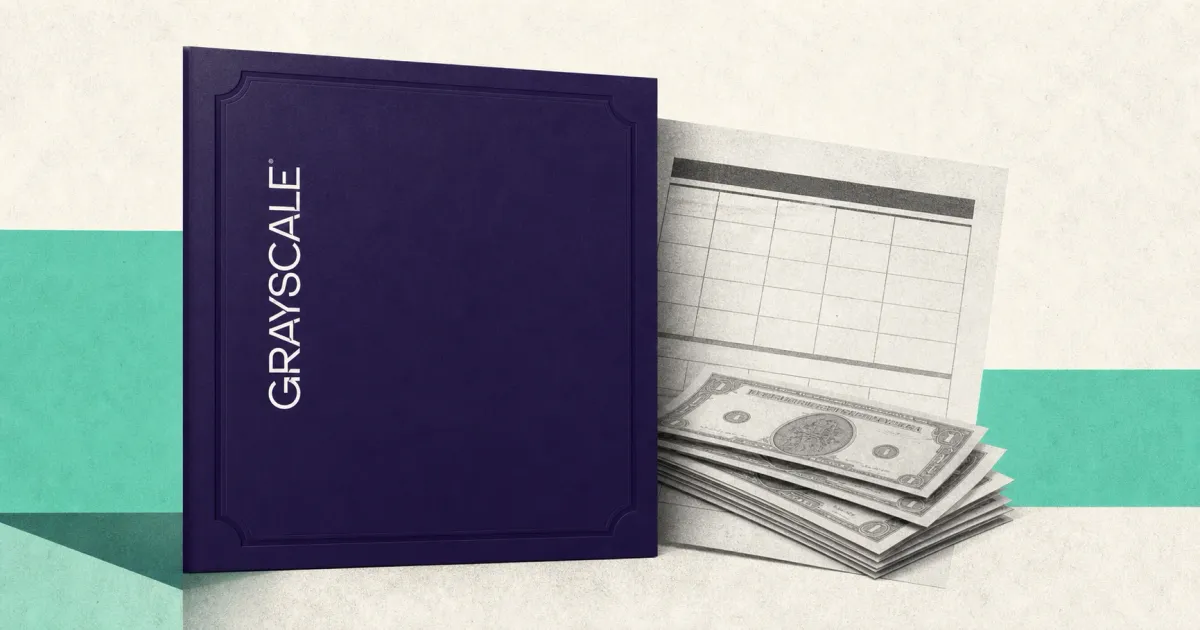 Official Grayscale wordmark on a large violet investment certificate beside a greyscale calendar and unbranded cash payout documents.