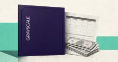 Official Grayscale wordmark on a large violet investment certificate beside a greyscale calendar and unbranded cash payout documents.