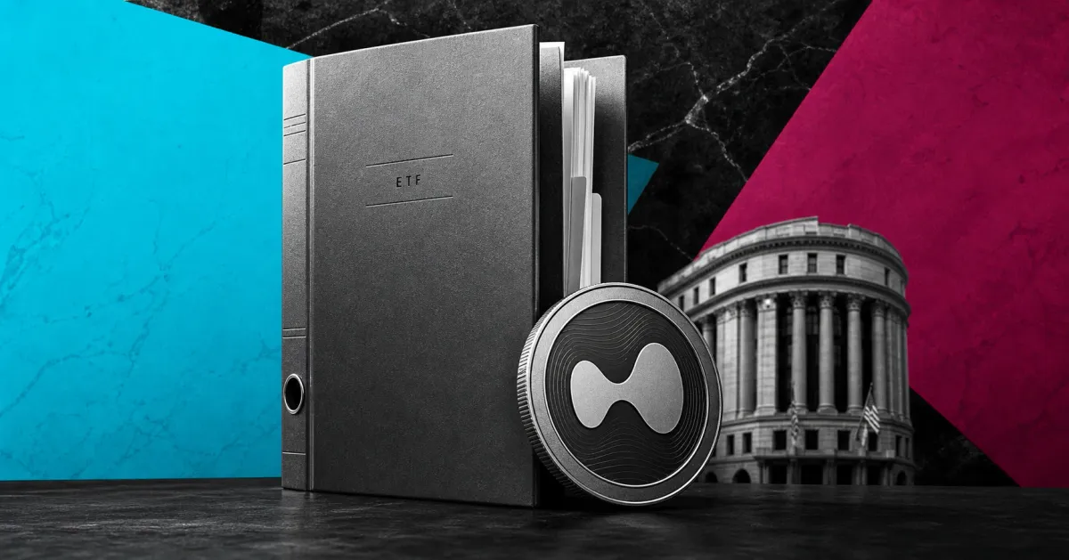 Greyscale ETF folder, digital token, and exchange building on cyan and magenta editorial panels representing Grayscale's Hyperliquid staking ETF