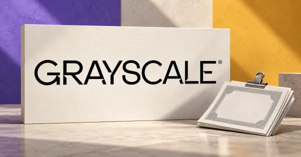 One large official black GRAYSCALE wordmark on an upright ivory sign beside a smaller unbranded greyscale share-certificate folio with a metal clip, against violet and saffron editorial panels.