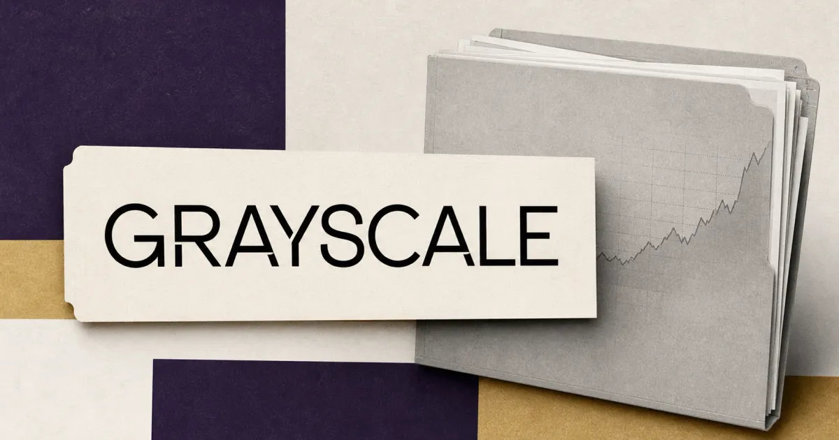 Official Grayscale wordmark beside a greyscale SEC-style ETF prospectus and a WLD market chart, on purple and gold editorial panels