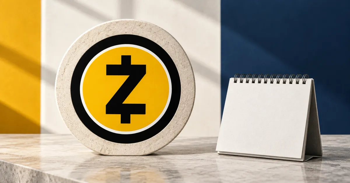 Large official yellow, black and white Zcash emblem on an off-white stone plaque beside an unbranded greyscale desk calendar with blank pages, against mustard and navy panels.