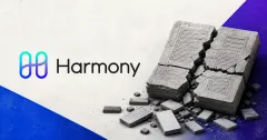 Large official Harmony logo beside a greyscale fractured blockchain ledger and unbranded blank supply tiles on an off-white, cobalt and violet editorial background.