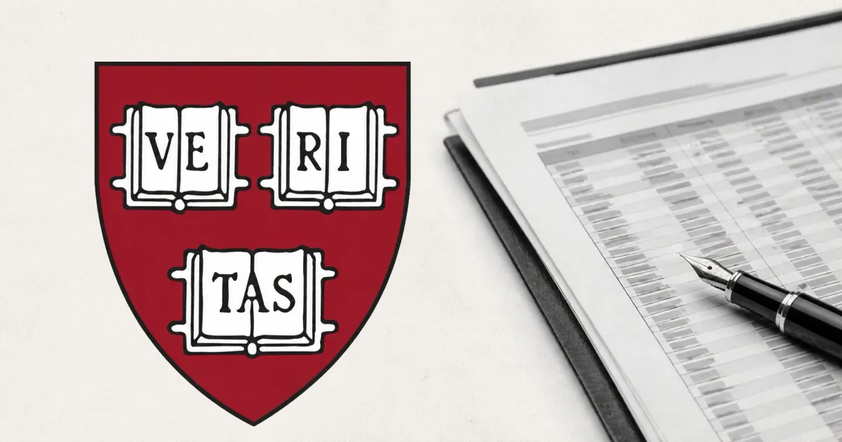 Large official crimson Harvard Veritas shield beside a greyscale unbranded institutional holdings document and fountain pen on an off-white editorial background.