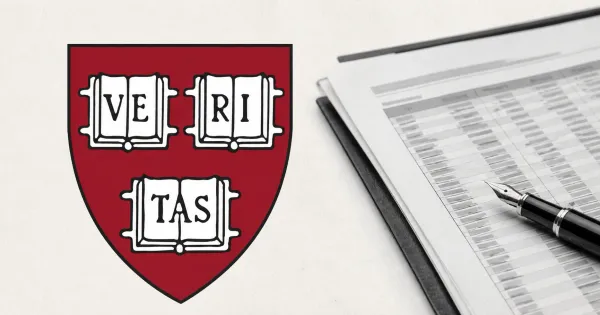 Large official crimson Harvard Veritas shield beside a greyscale unbranded institutional holdings document and fountain pen on an off-white editorial background.