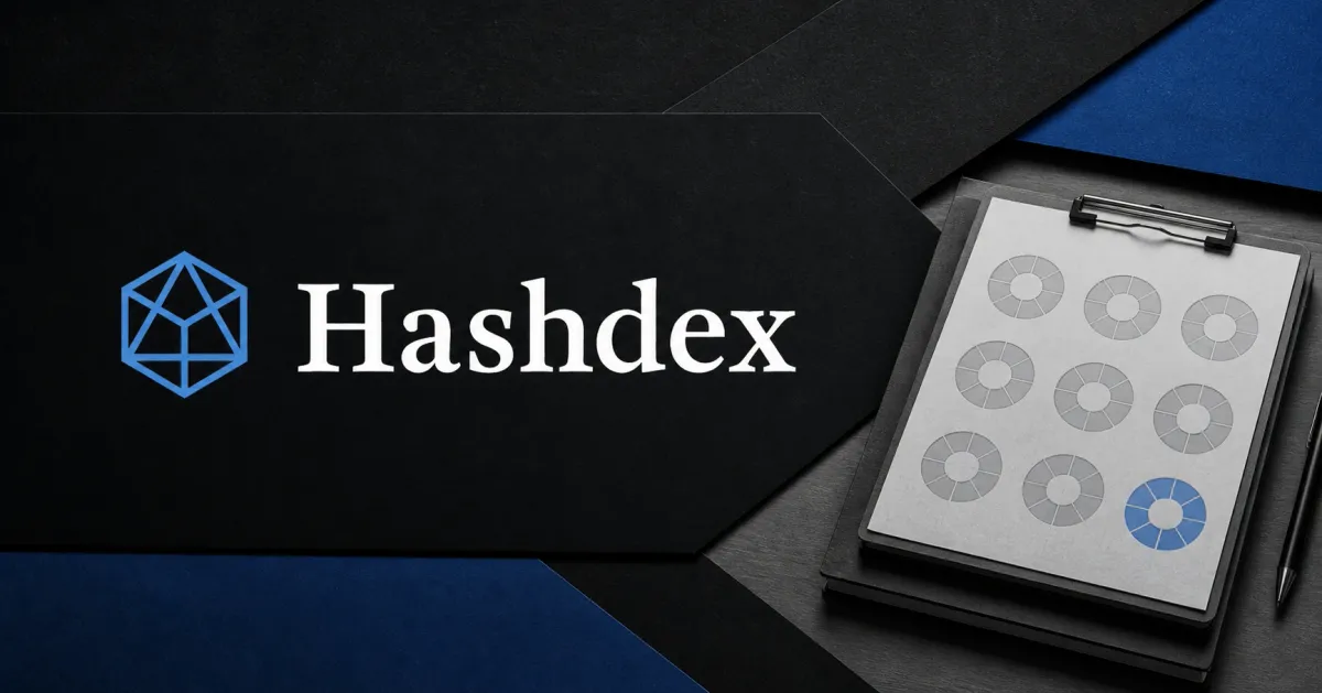 Large official blue Hashdex emblem and white wordmark beside a greyscale unbranded ETF portfolio ledger with nine asset slots, one highlighted blue