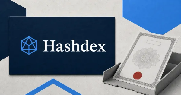Large official Hashdex blue emblem and white wordmark on a navy plaque beside a greyscale unbranded liquidation certificate in a document tray