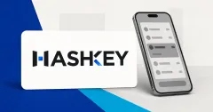 Large official HashKey wordmark on a white app card beside a greyscale smartphone with an abstract account-selection interface on blue and cyan editorial panels.