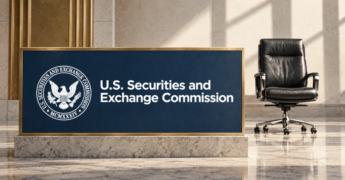 Large official white SEC seal and wordmark on a navy office sign beside an unbranded greyscale empty executive chair against an off-white, navy and gold backdrop.