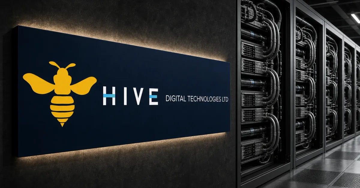 Large official HIVE Digital Technologies bee-and-wordmark plaque beside an unbranded greyscale AI server rack