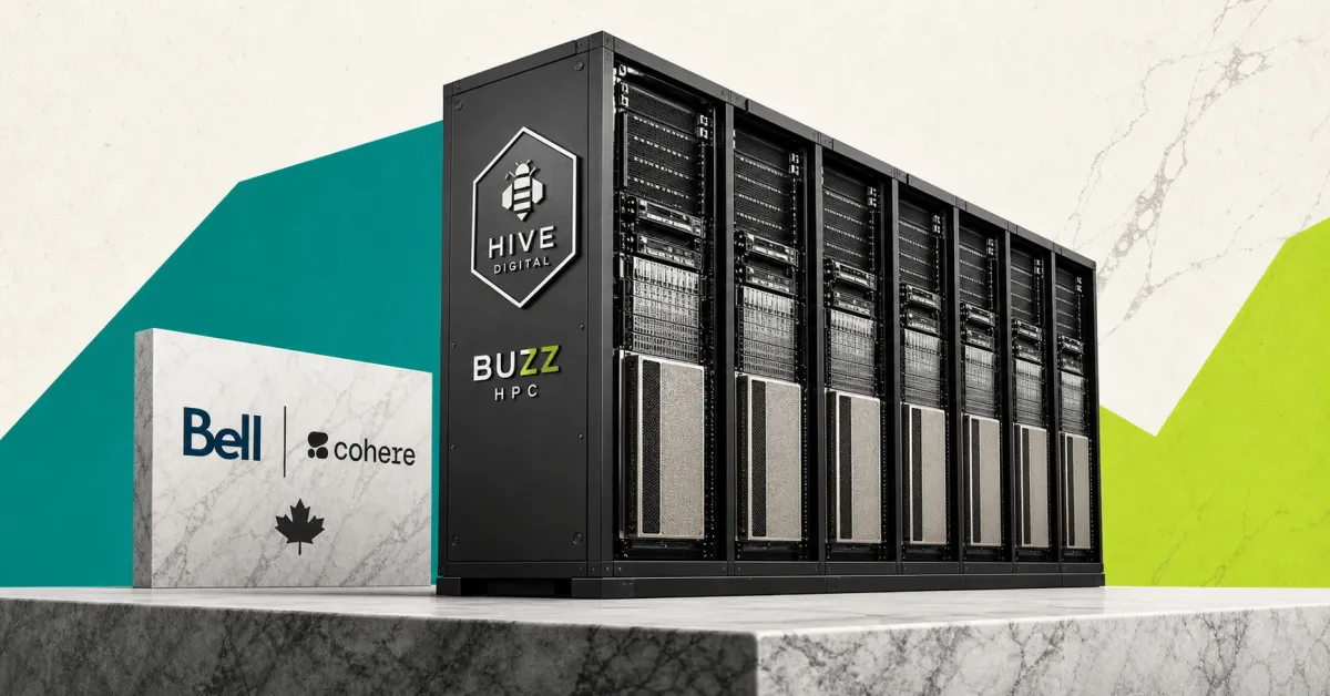Greyscale HIVE and BUZZ HPC AI server rack beside Bell and Cohere branding on teal and chartreuse editorial panels.