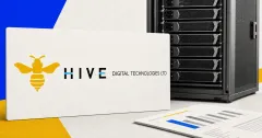 Large official HIVE Digital Technologies bee-and-wordmark treatment beside an unbranded greyscale AI server rack and a financial report page across cobalt-blue, yellow and off-white editorial panels.